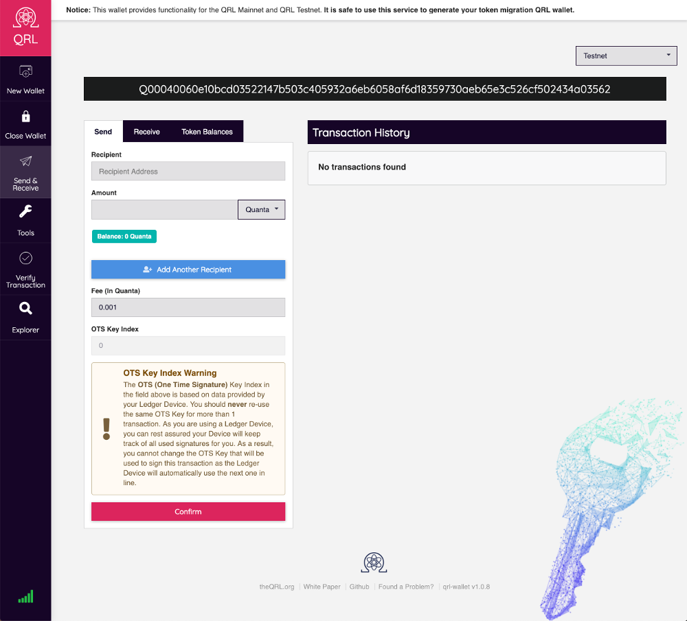 Opened QRL Ledger Nano S Wallet