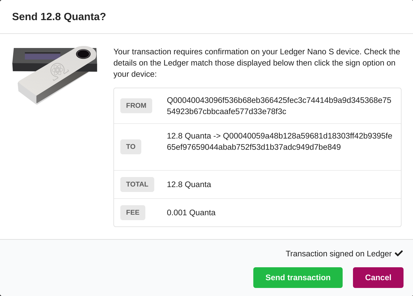 QRL Ledger Nano View Transaction